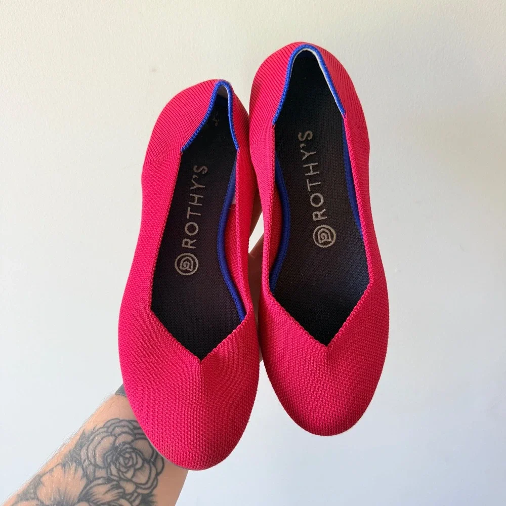 Rothys The Flat Cherry Red Rounded Toe Knit Ballet Flats Womens 7.5